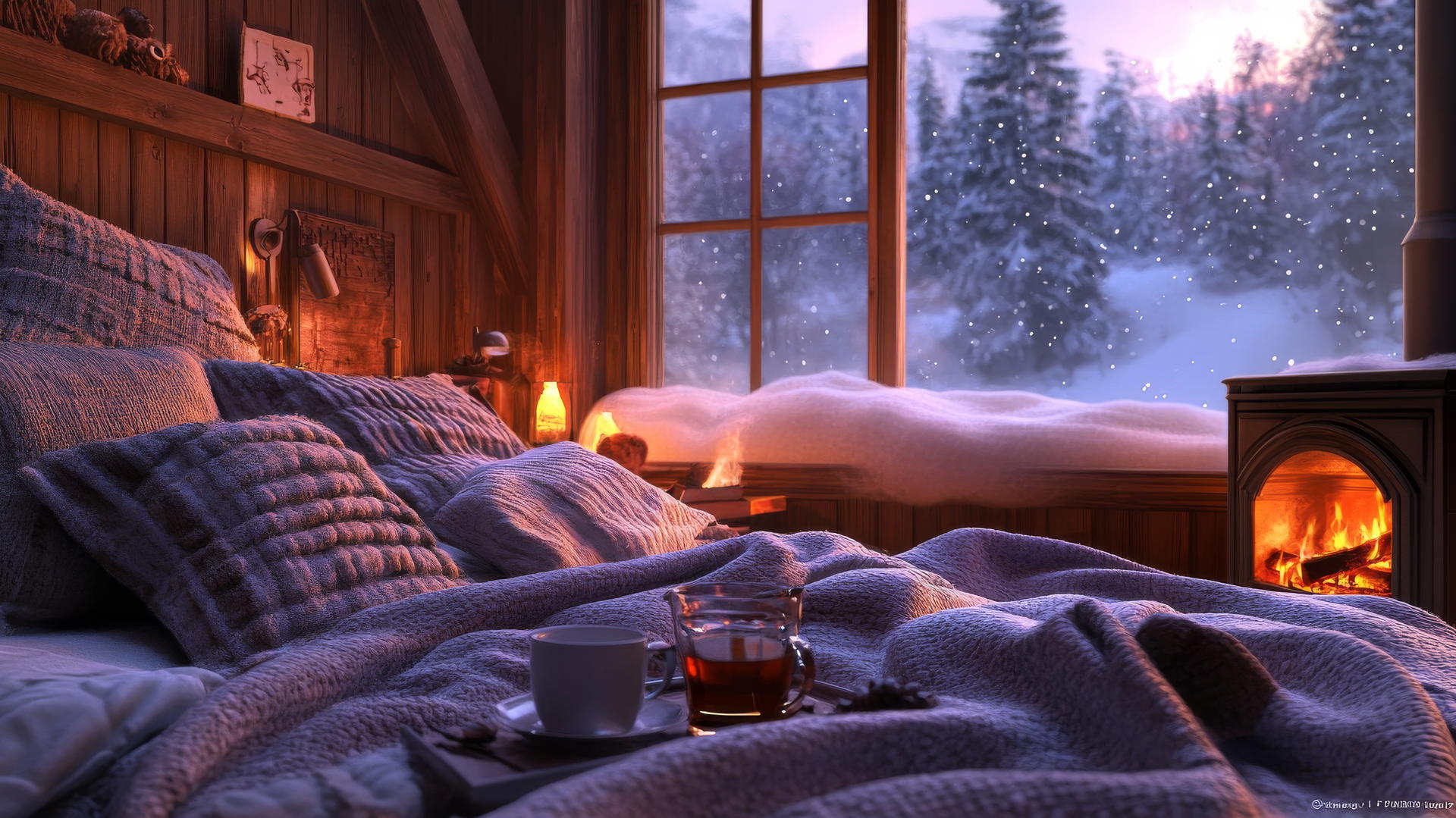 cozy winter iPhone wallpaper with a bed, blankets, cup of tea, and fireplace glow