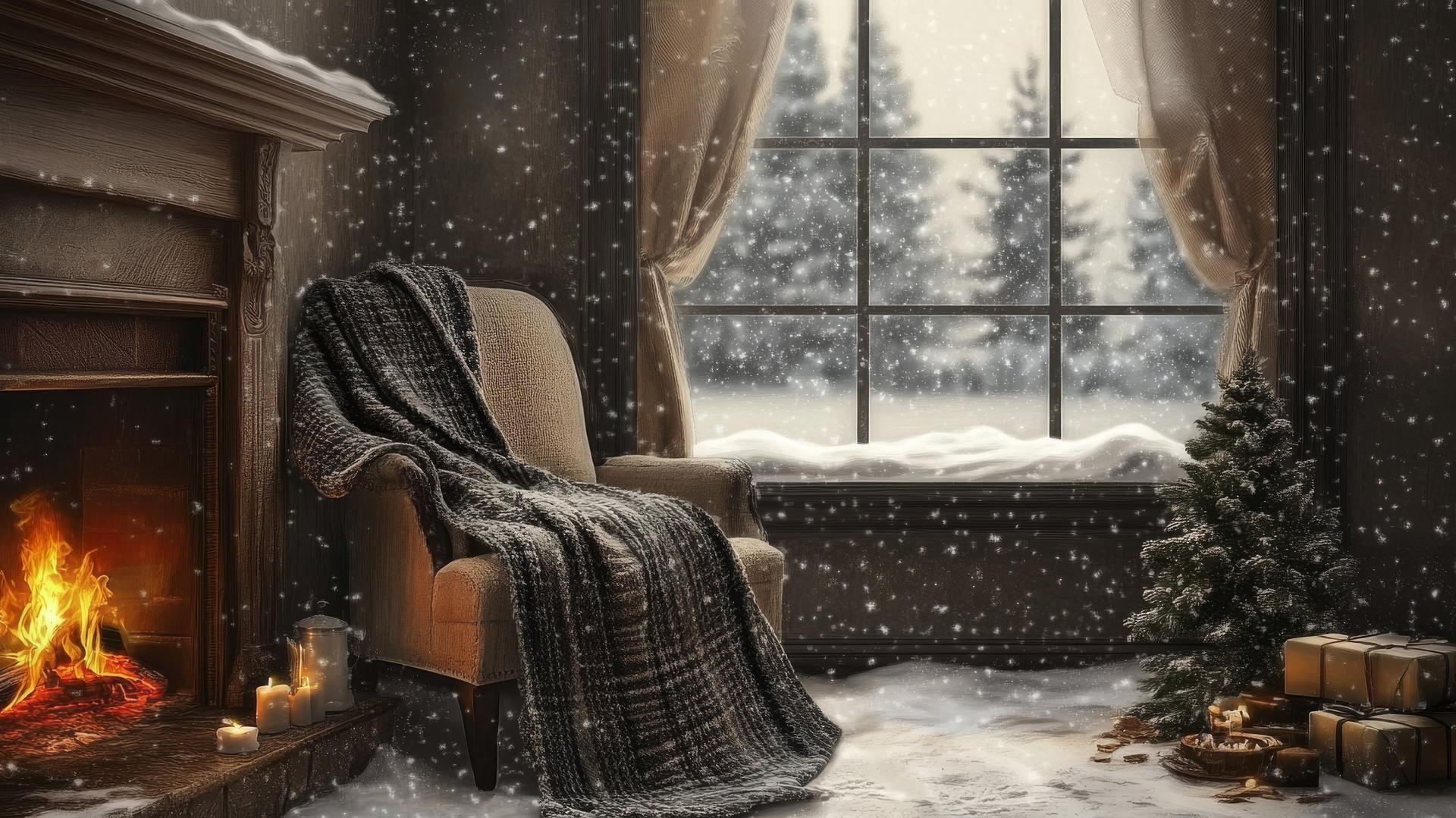 Chic winter fashion scene with cozy wool coat and scarf by a fireplace, winter wallpaper aesthetic