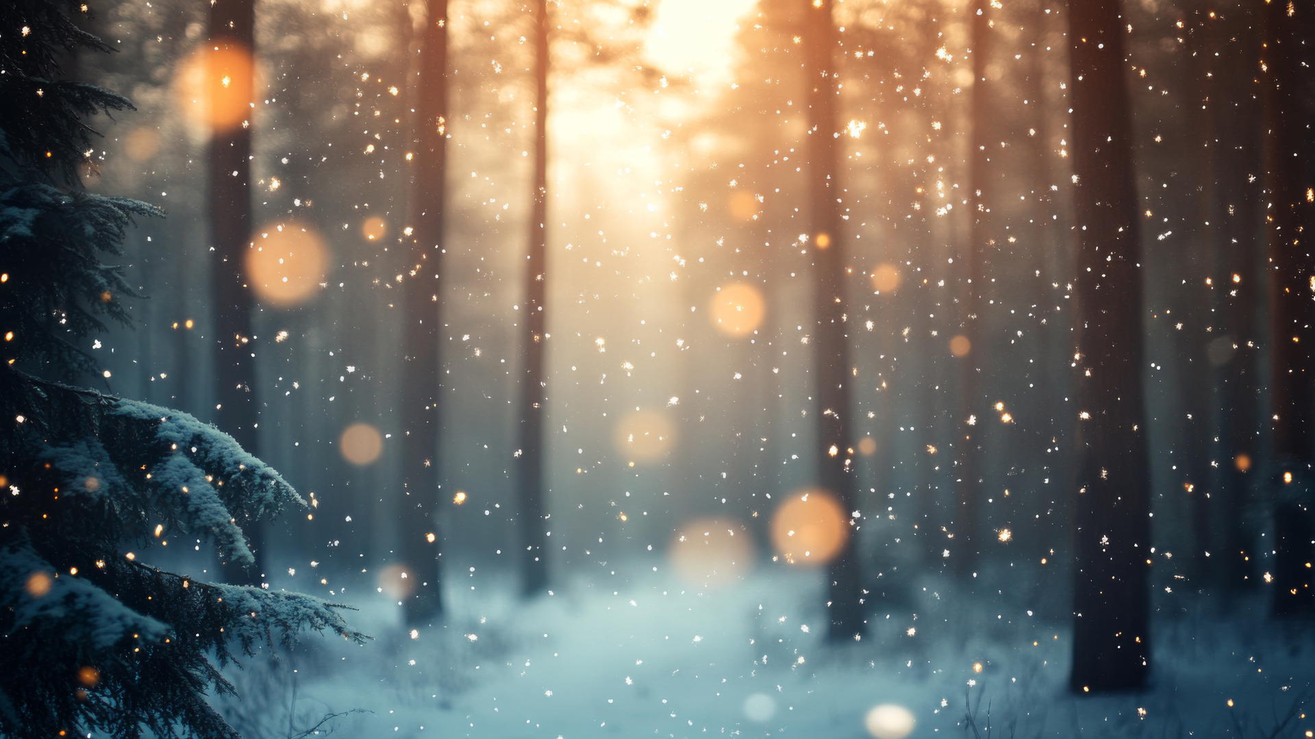 soft-focus winter forest with snow-covered trees and falling snowflakes, winter wallpaper aesthetic