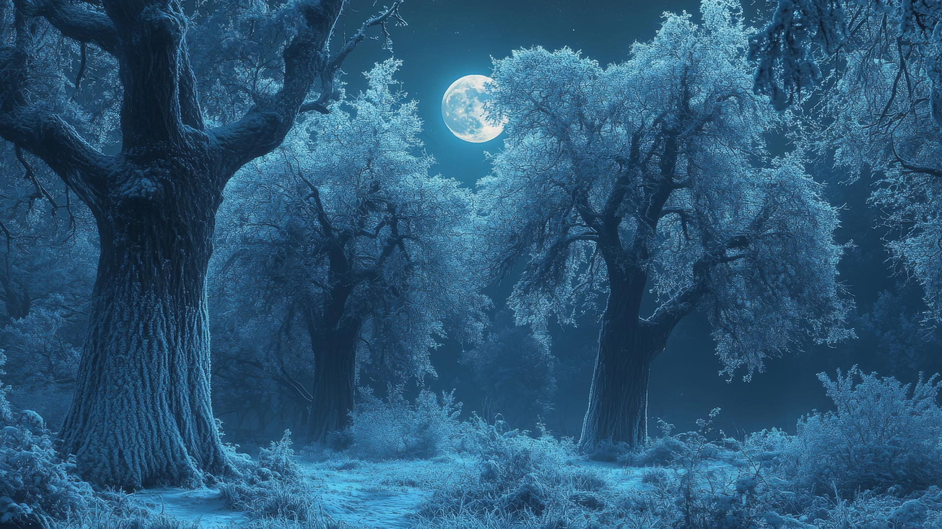 winter background wallpaper with ancient trees under a full moon