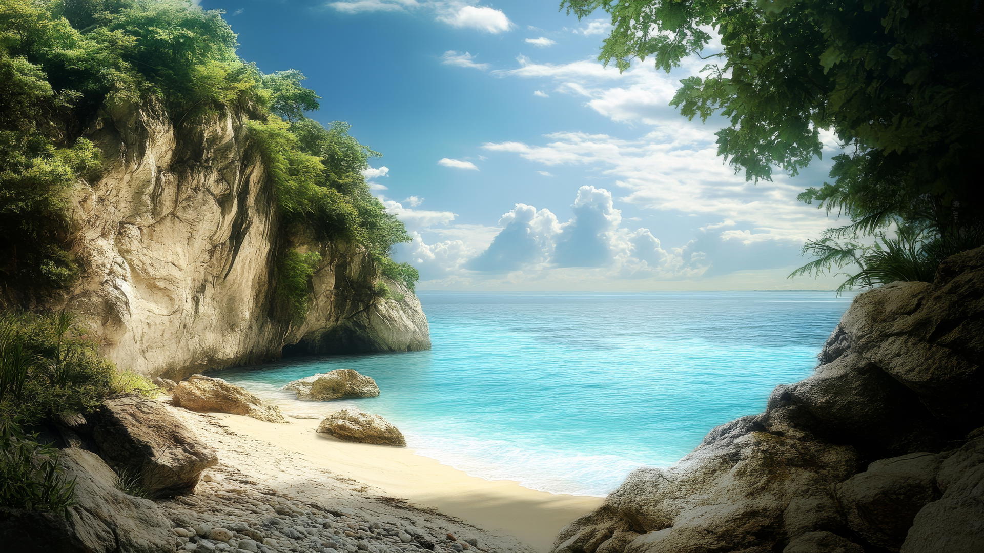 wallpaper beach showing secluded cove with rocky cliffs and lush greenery