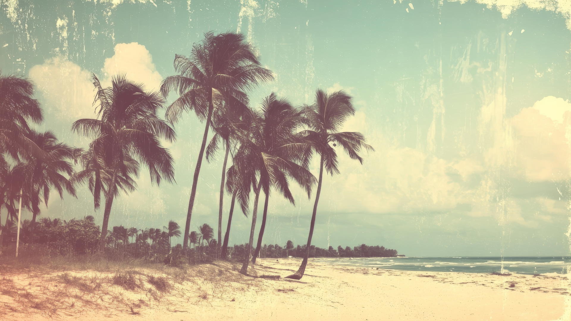 beach aesthetic wallpaper with vintage-style muted tones and palm trees