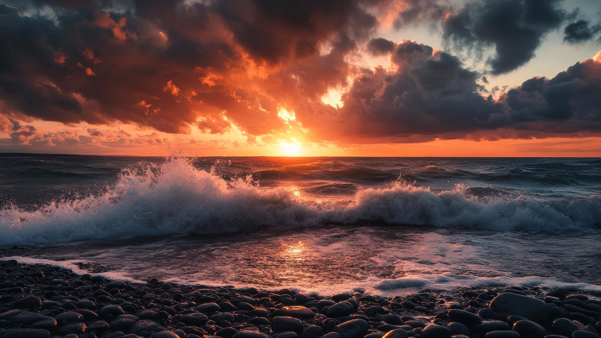 moody beach sunset wallpaper with crashing waves and storm clouds