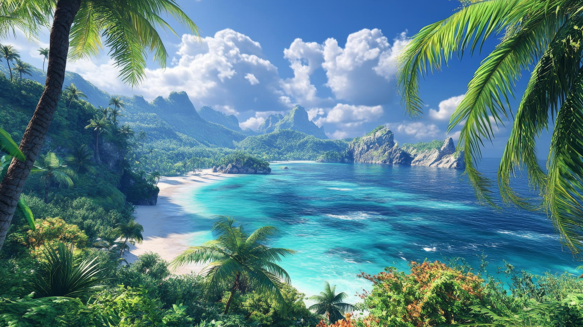 4K panoramic tropical beach wallpaper 4k with lush greenery, palm trees, and crystal-clear ocean.