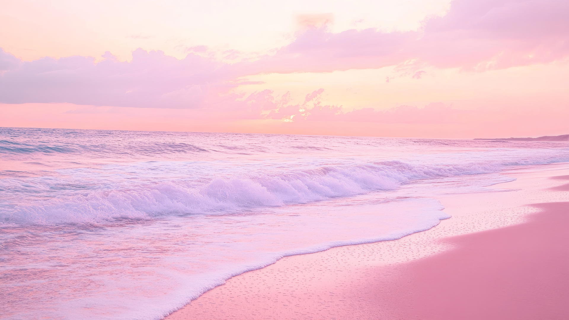 beach wallpaper aesthetic with pastel tones, soft pink skies, and lavender waves