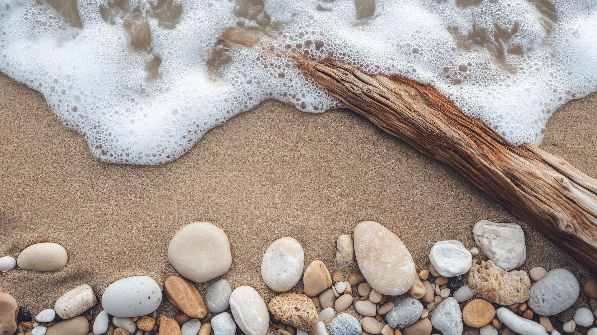 boho beach wallpaper aesthetic with driftwood, stones, seafoam, and sand