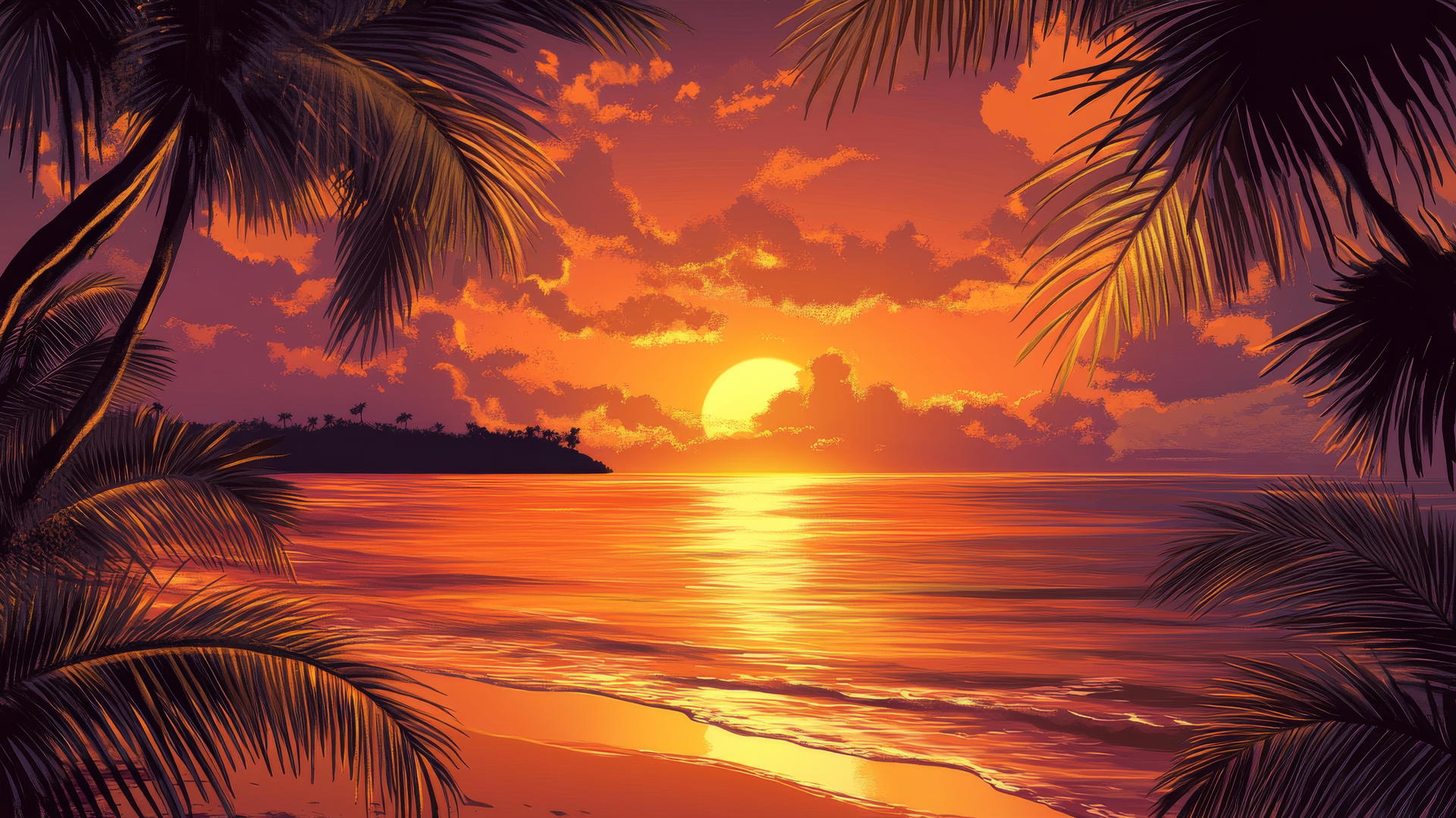 tropical beach wallpaper with fiery sunset, glowing ocean, and palm tree silhouettes