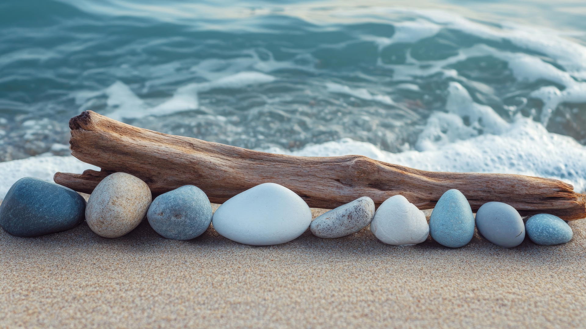 boho beach aesthetic with driftwood, stones, seafoam, beach wallpaper aesthetic