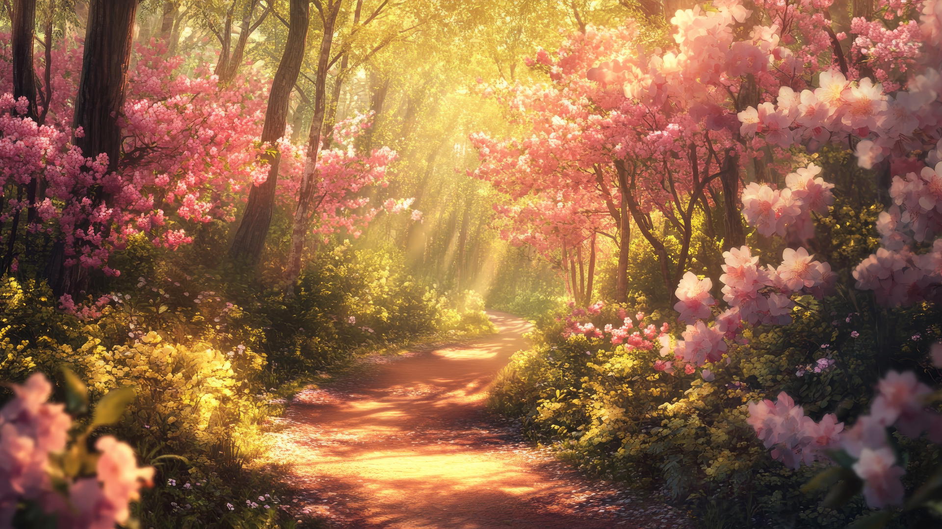 spring wallpaper with a path winding through a forest filled with blossoms and sunlight