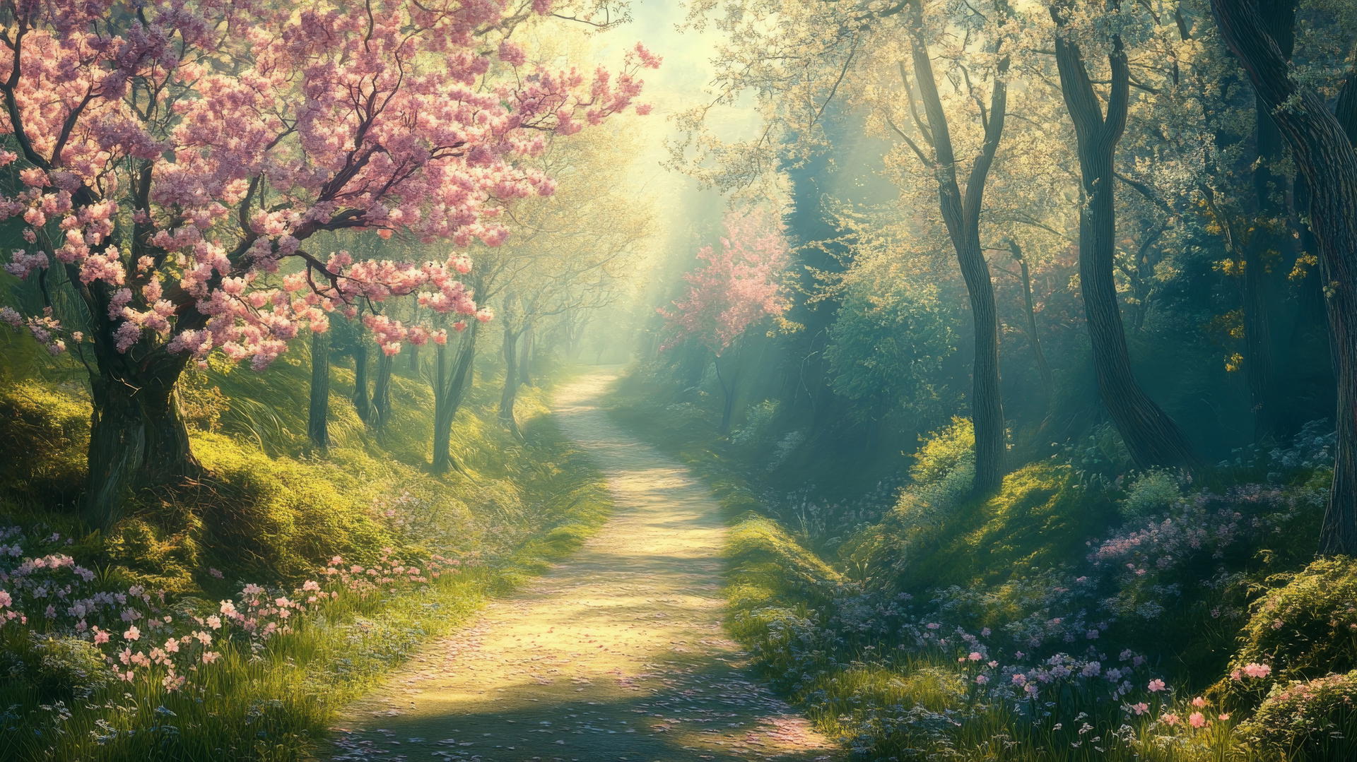Spring wallpaper with a winding forest path, blossoms, and dappled sunlight
