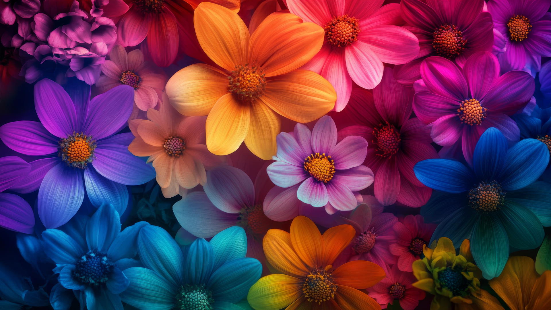 A floral explosion of bright, vibrant flowers in a gradient background, spring wallpaper