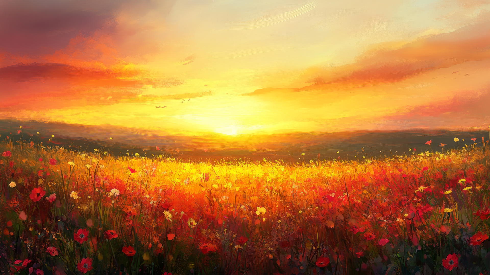 spring wallpaper with sunset over wildflower field