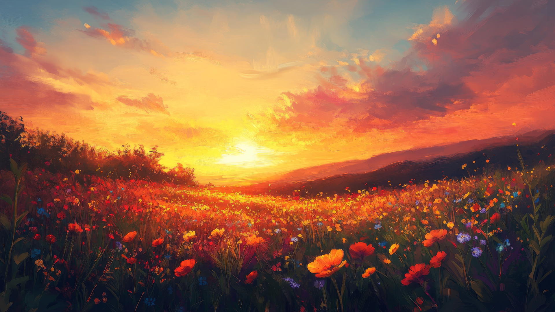 vibrant spring wallpaper of sunset over field of wildflowers