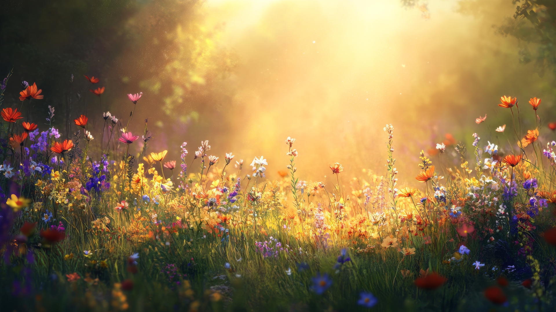 Meadow at dawn with blooming wildflowers and soft sunlight spring background wallpaper