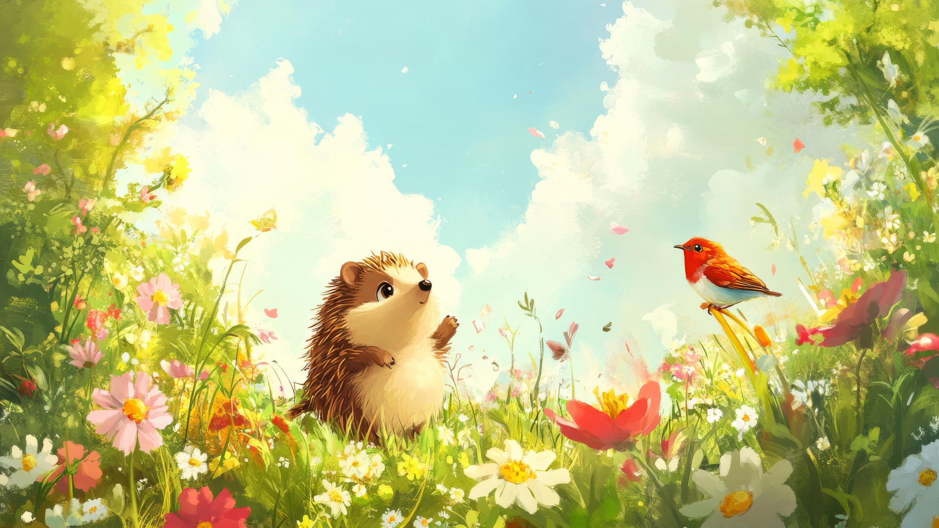 cute spring wallpaper with cartoon hedgehogs and birds in a flower-filled meadow