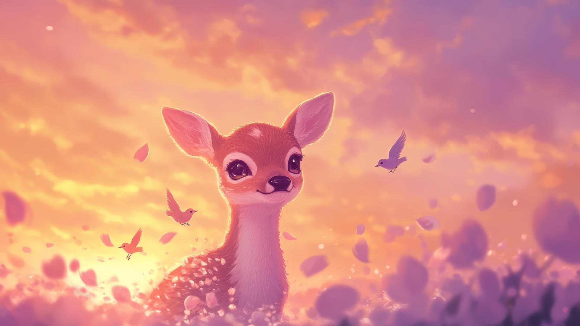 cute spring wallpaper of a smiling baby deer with floating flowers and birds at sunset