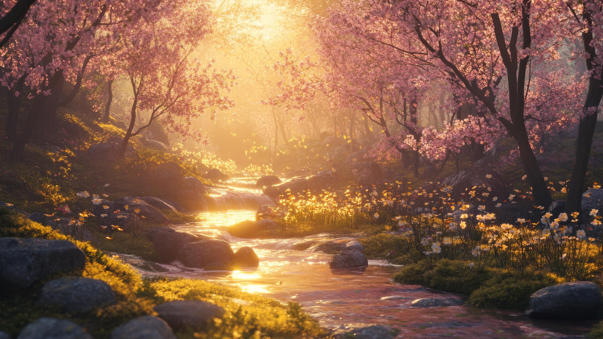 spring aesthetic wallpaper with blooming cherry blossoms and golden light