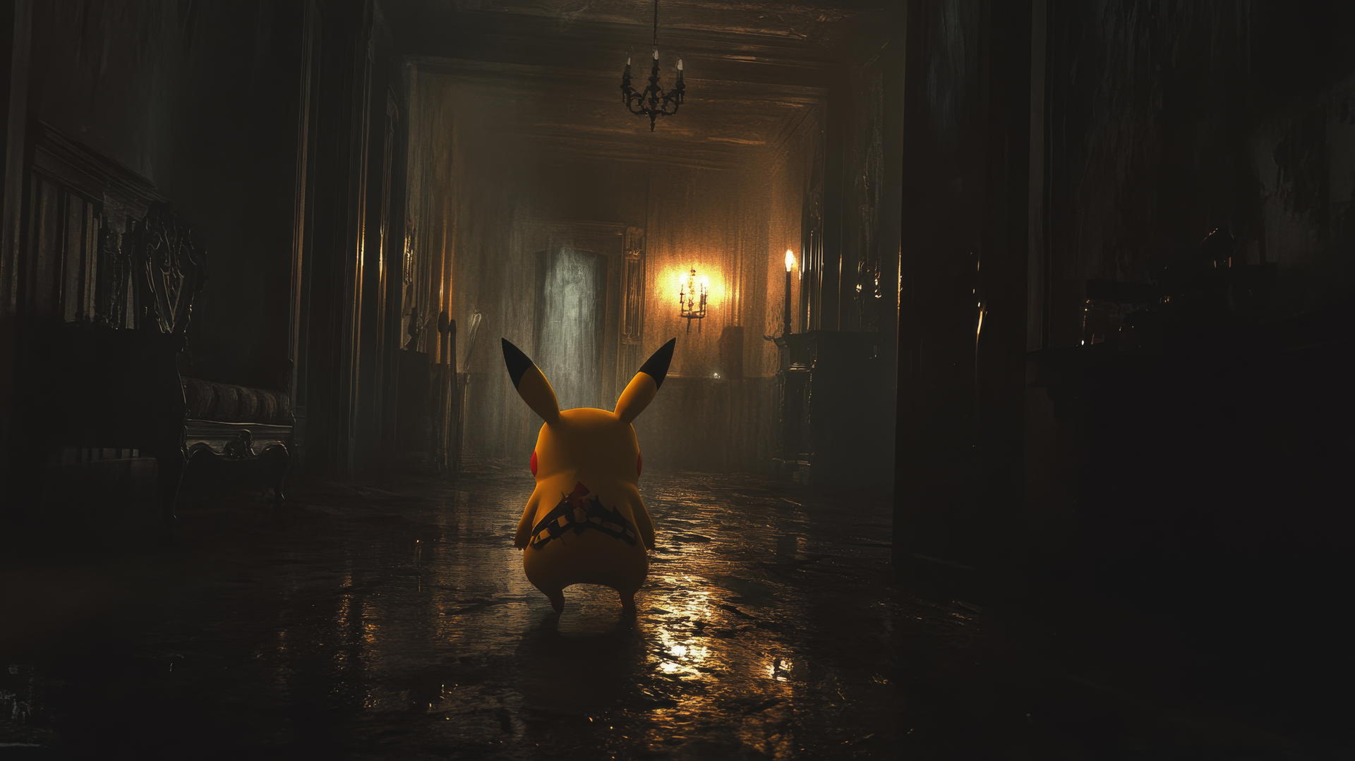 Detective Pikachu in a haunted mansion with flickering candlelight and eerie shadows