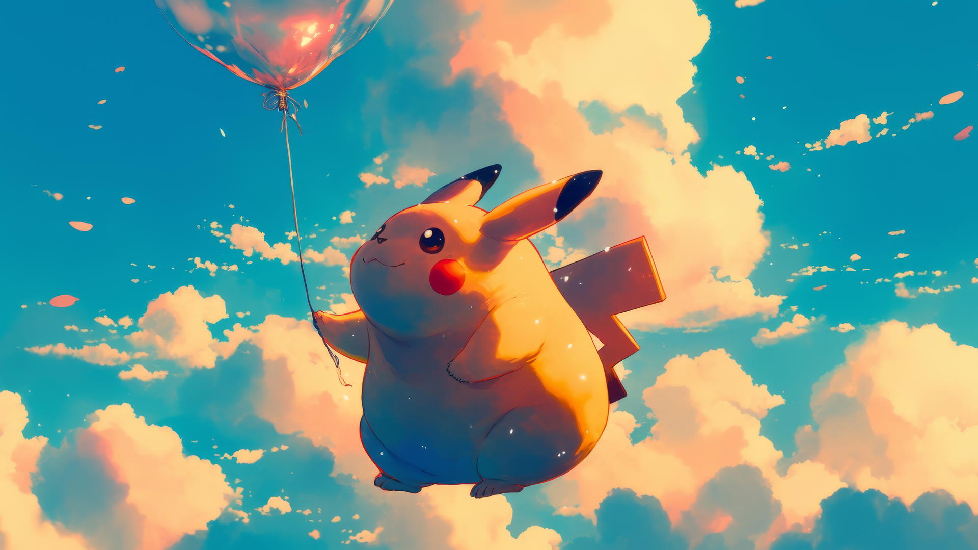 Fat Pikachu as a balloon floating in bright blue sky with fluffy clouds