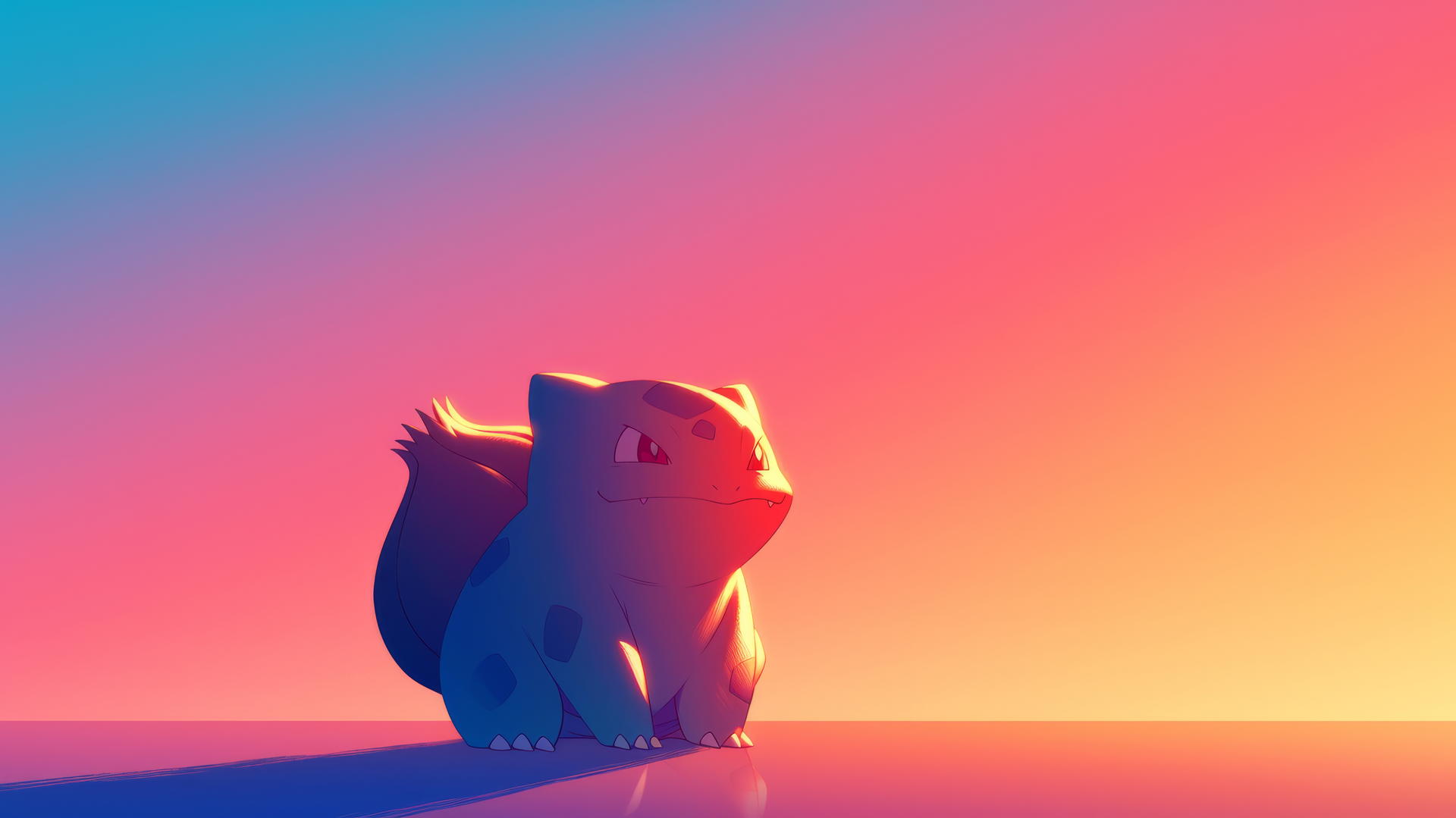Minimalist Pokemon Bulbasaur silhouette against gradient sunset sky