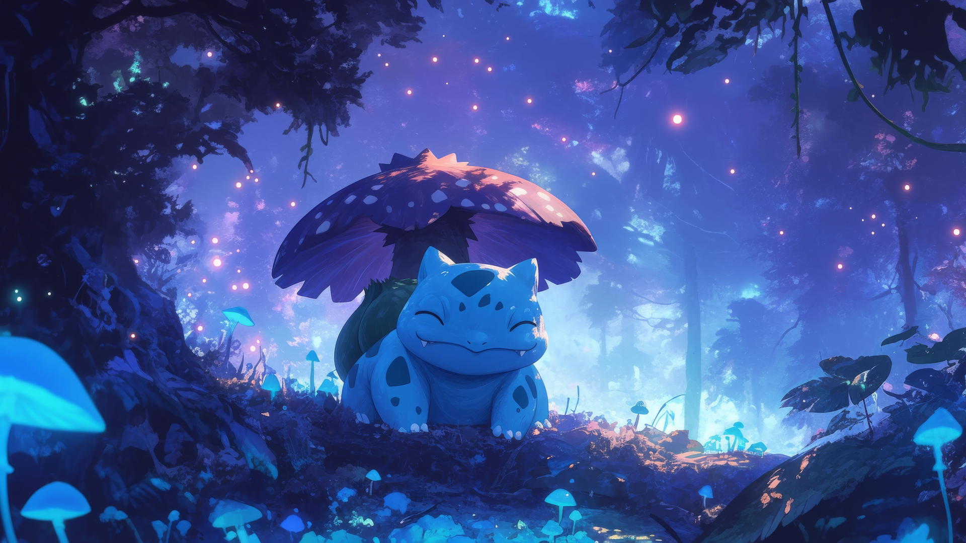 Pokemon Bulbasaur under a glowing mushroom in a magical forest