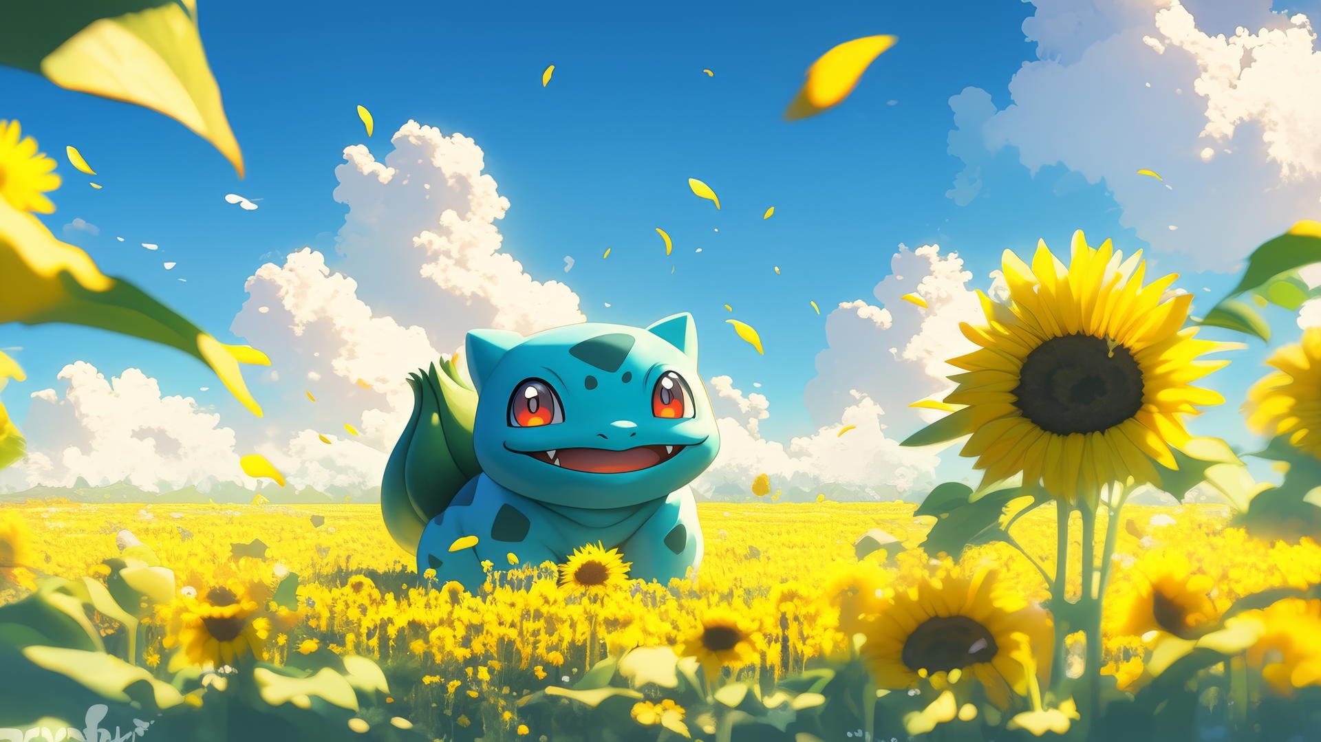 Pokemon Bulbasaur in a field of tall sunflowers under blue sky