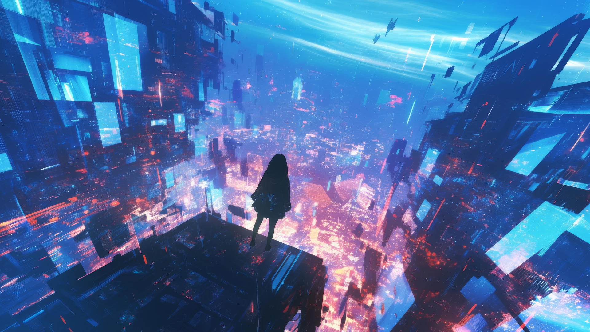 futuristic digital world with neon grids, floating holograms, abstract shapes, cool wallpapers 4k