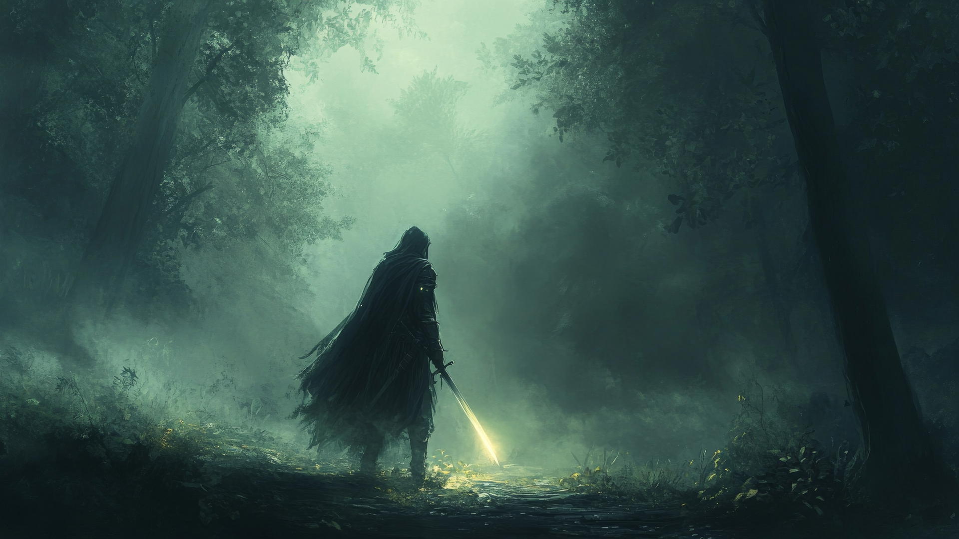 cool wallpapers for boys featuring a dark moody forest with a mysterious warrior holding a glowing sword