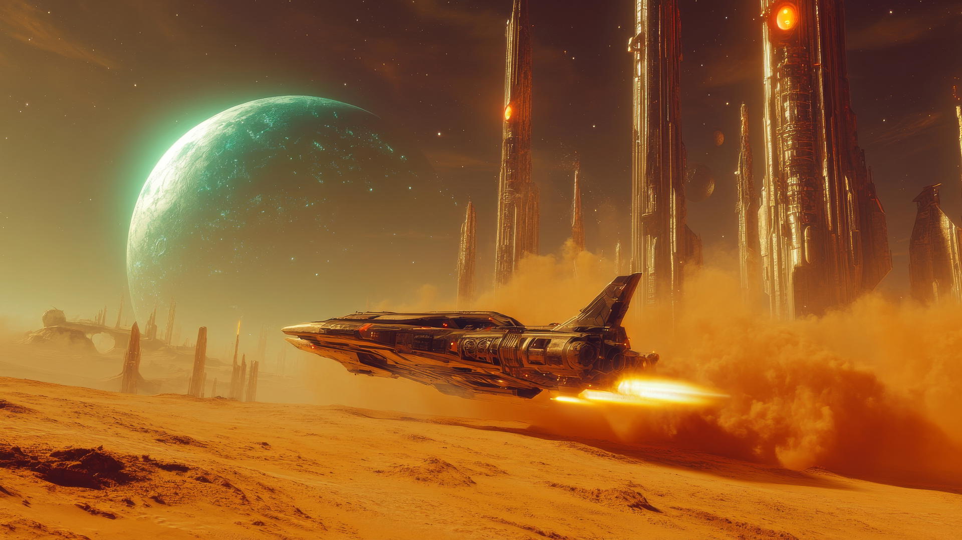 futuristic spaceship flying over a desert planet with glowing alien structures, cool wallpapers for boys