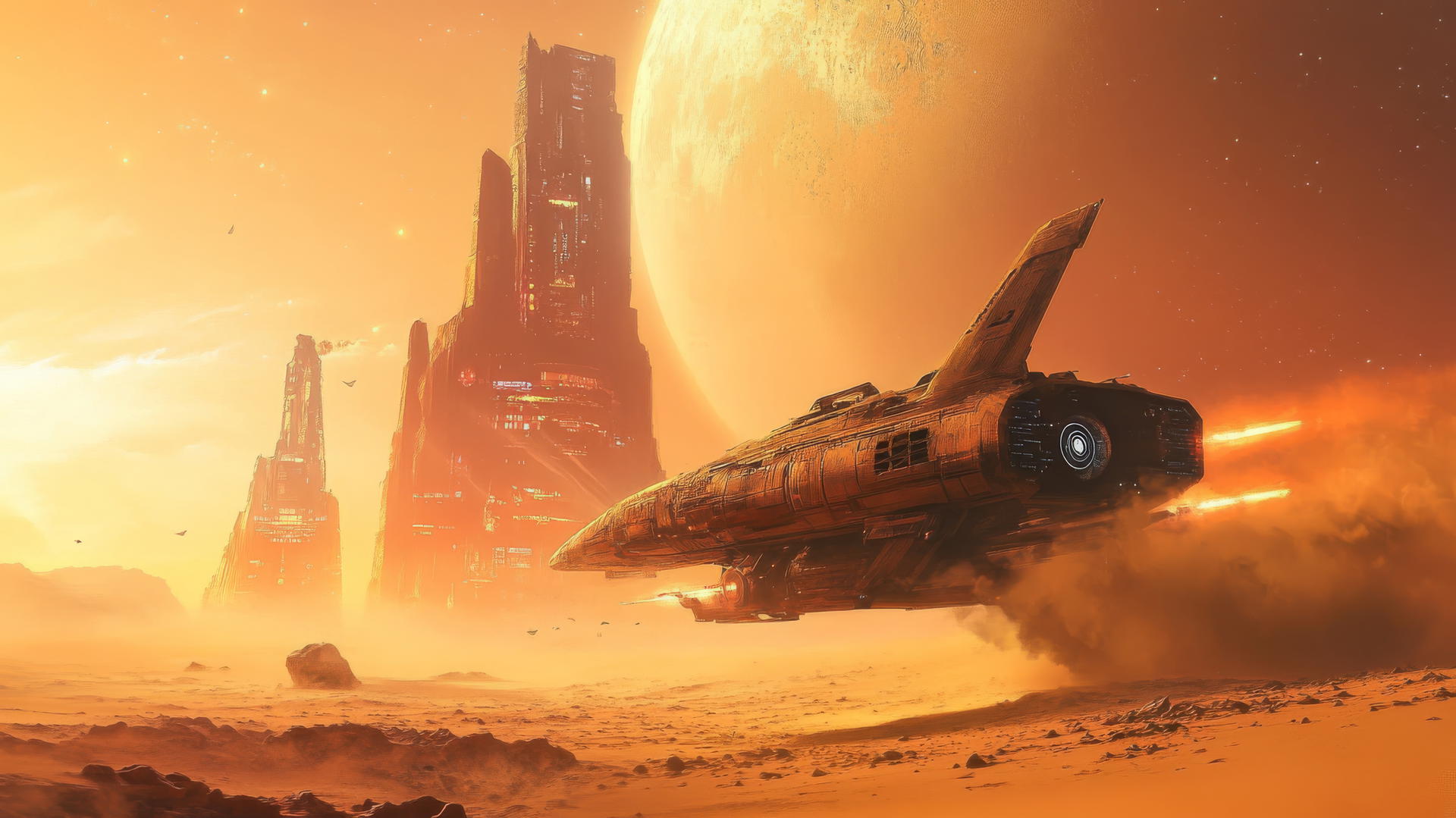 Futuristic spaceship flying over a desert planet with glowing alien structures, cool wallpapers for boys