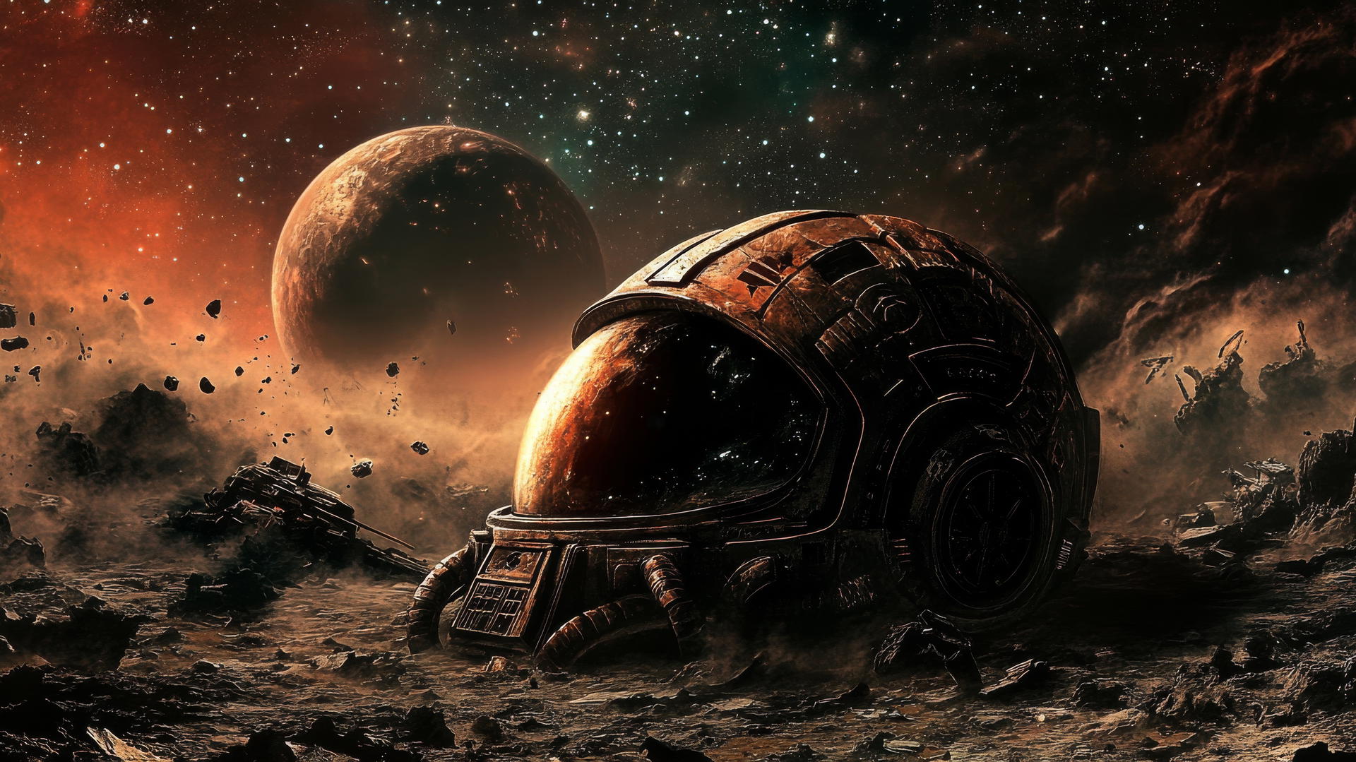 cool wallpapers for boys: space marine helmet in a battlefield with futuristic weapons