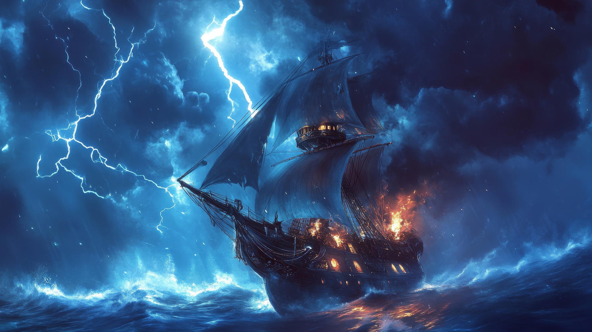 cool wallpapers for boys with a futuristic pirate ship in a stormy sky steered by robotic crew