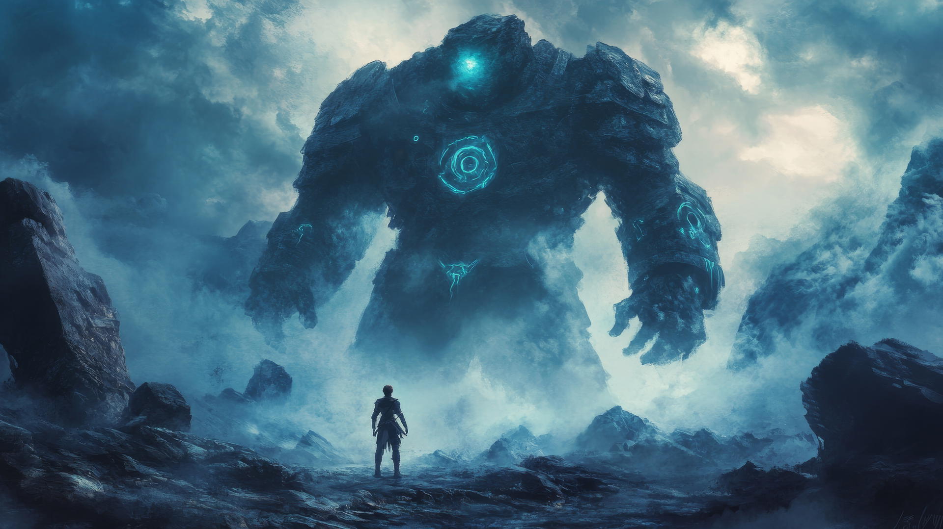 cool wallpapers for boys: young warrior before colossal stone golem with glowing runes in mist