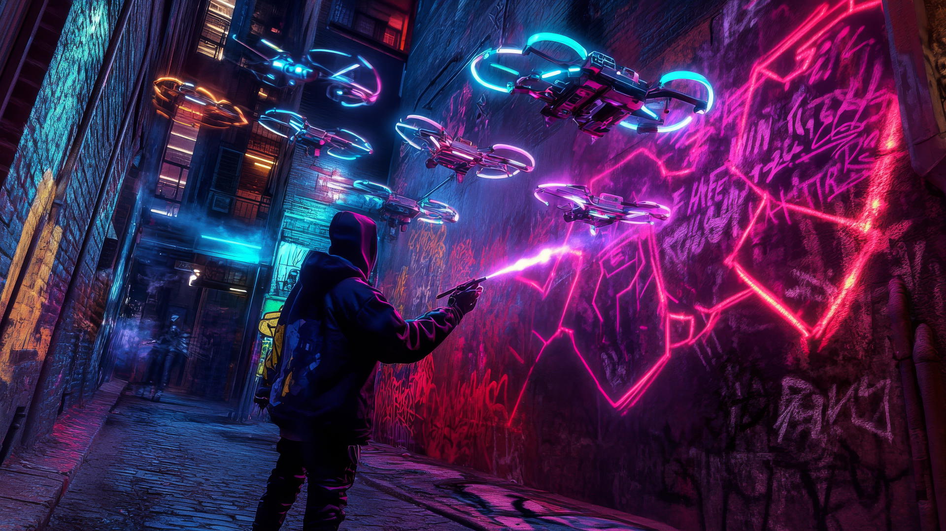 a futuristic graffiti artist sprays neon paint on a holographic wall in cyberpunk alley, glowing drones above, cool wallpapers for boys
