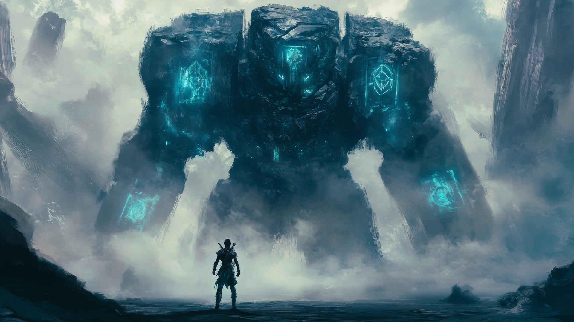 Young warrior before a massive stone golem with mist and glowing runes.