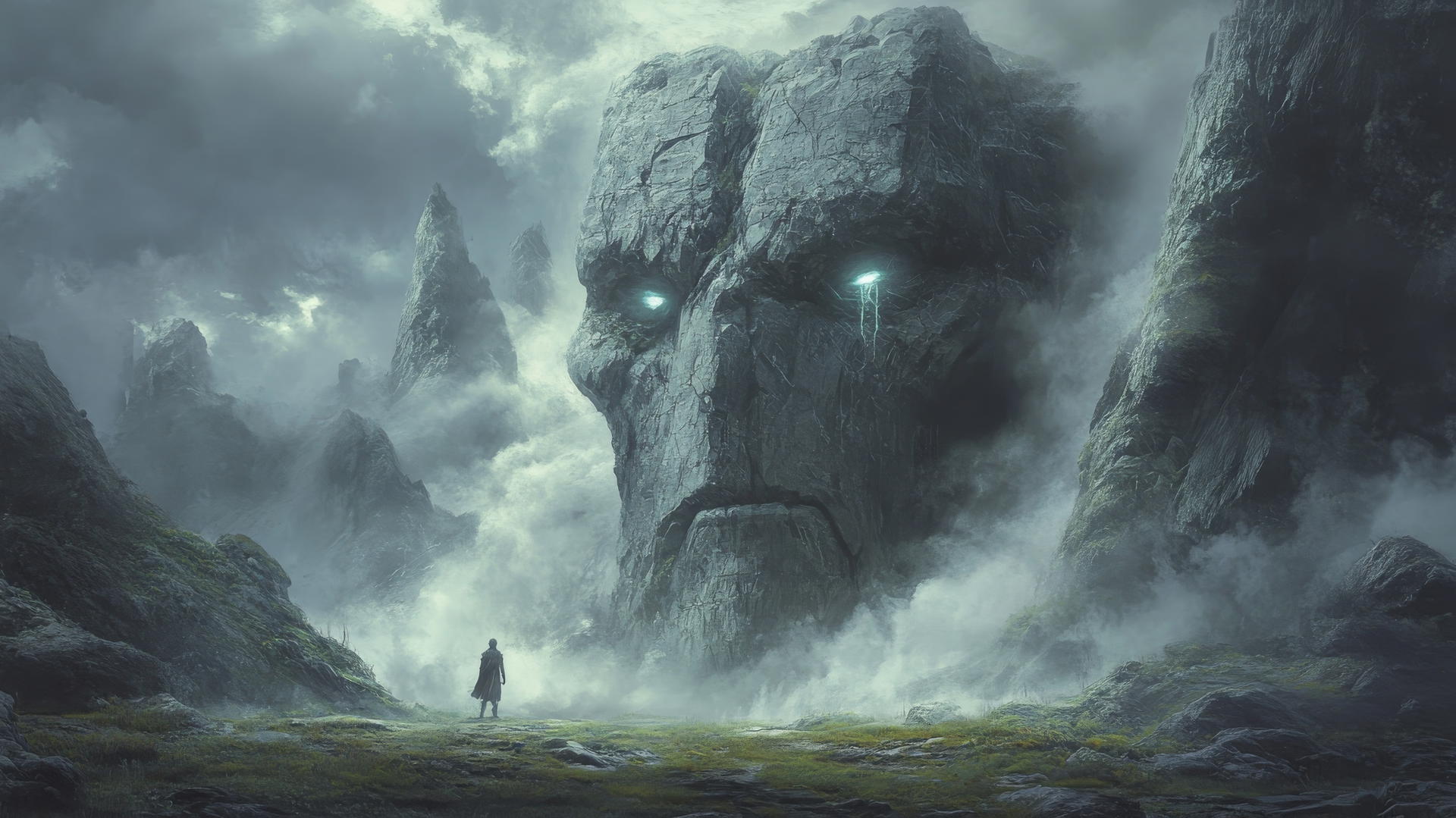 Young warrior faces a colossal stone golem in dark misty fantasy scene