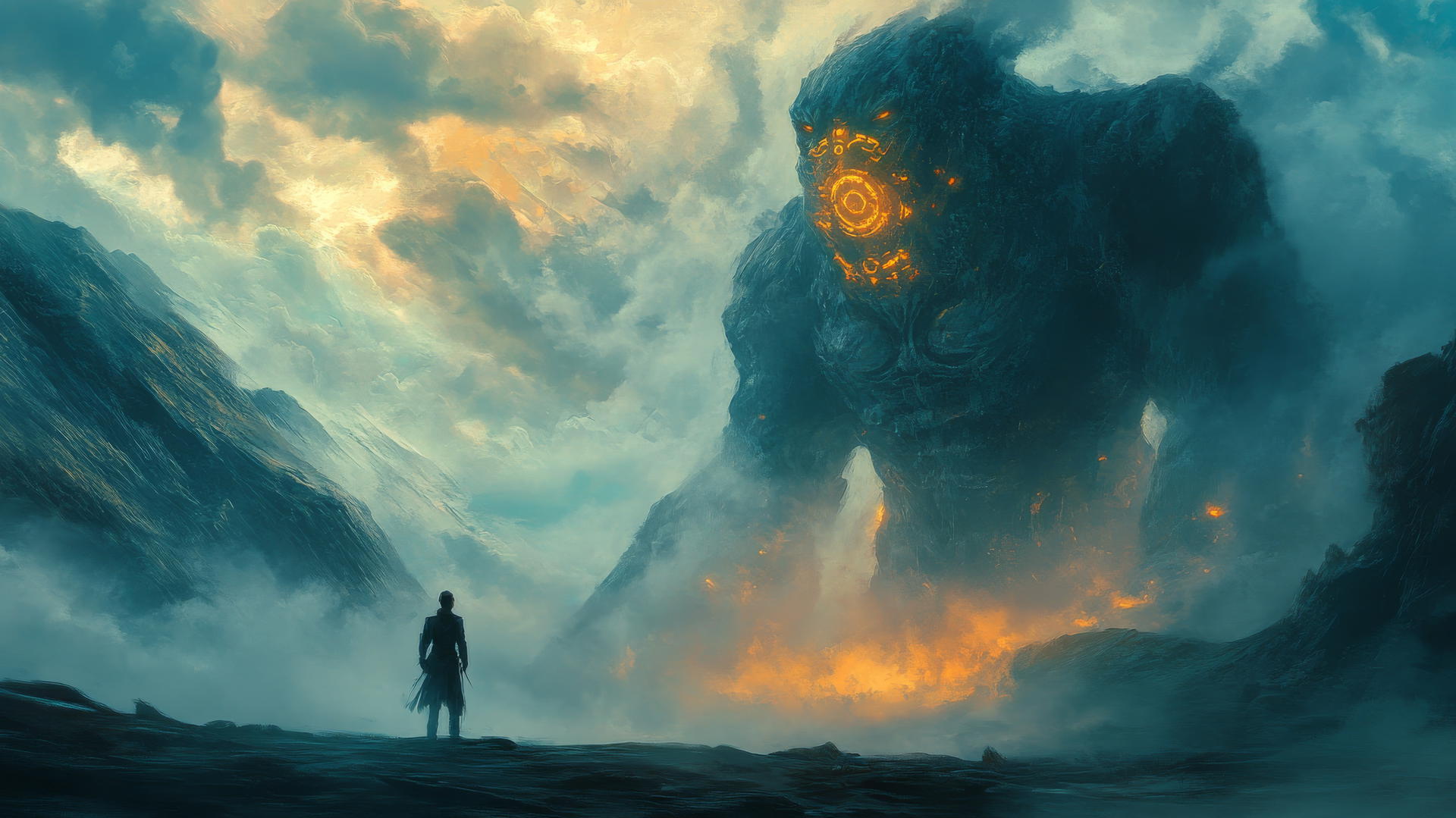 Young warrior stands before colossal stone golem with glowing runes and swirling mist.