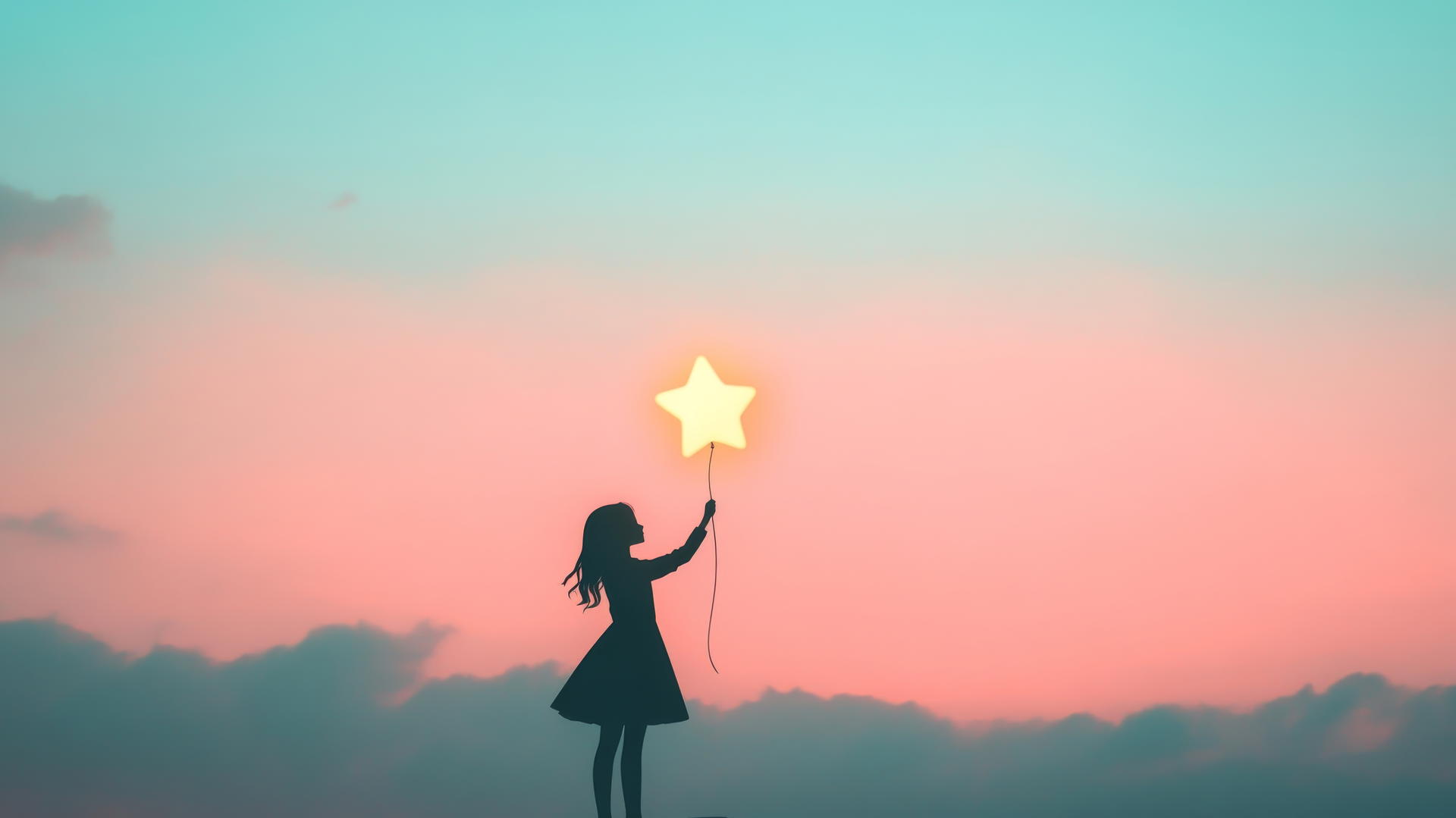 Silhouette of a girl with a glowing star-shaped balloon against a pastel sky