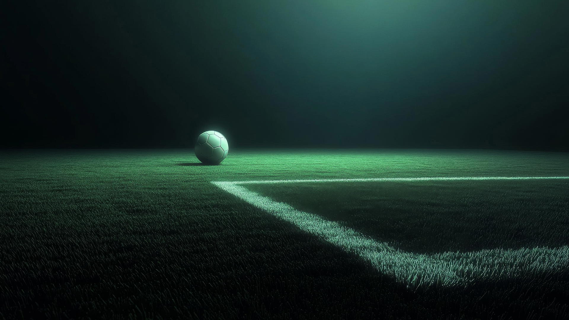 Minimalist football field with glowing lines and ball on a black background