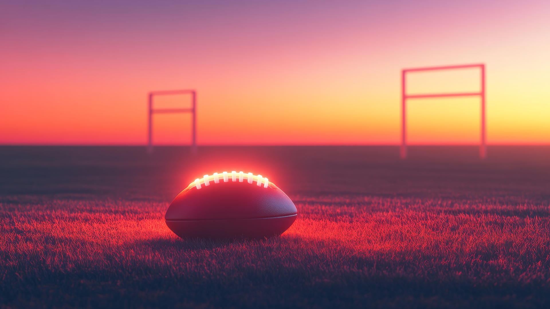 Glowing football on tee in minimalistic field at dusk