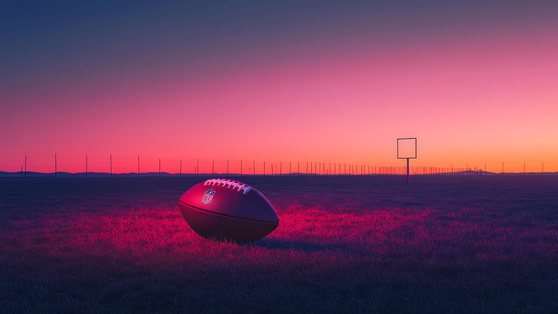 Glowing football on a tee in a minimalistic field with goalposts and gradient sky.