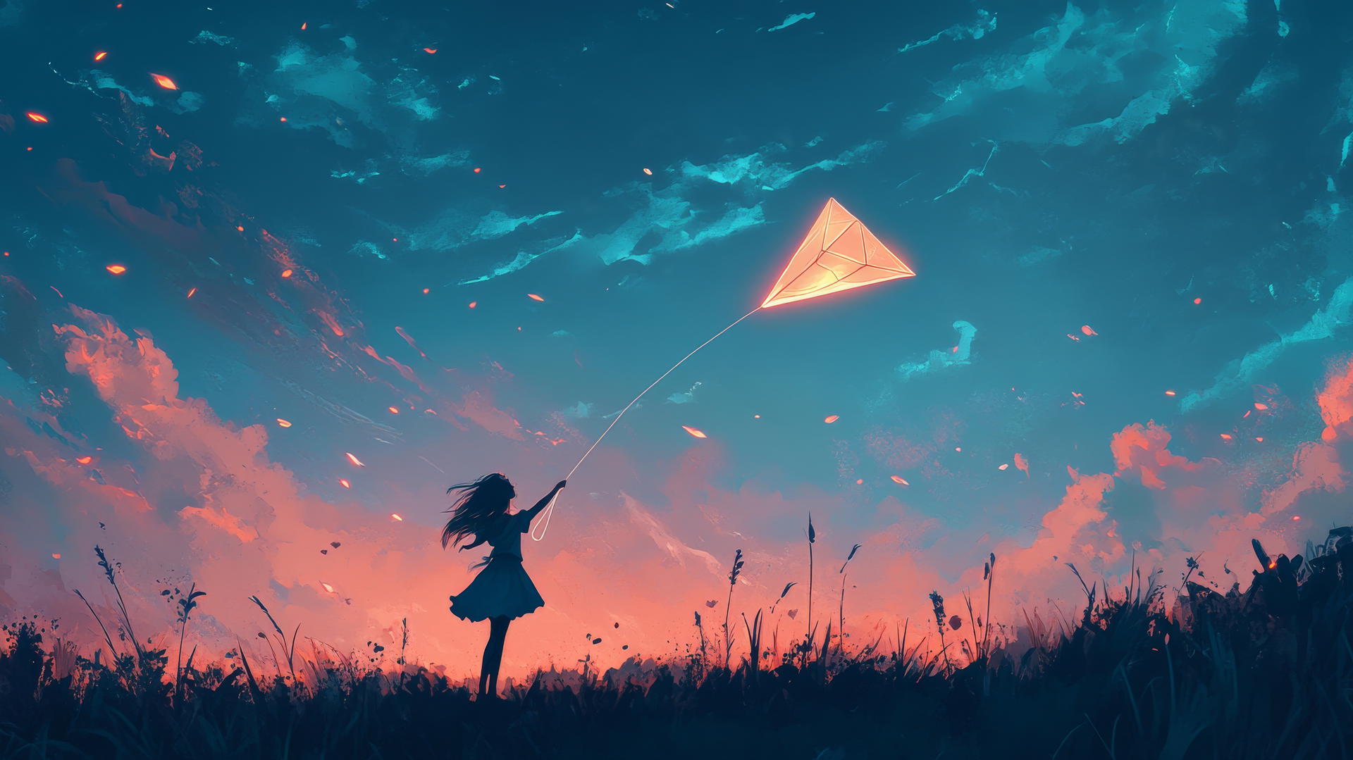 Girl flying glowing kite in minimalistic landscape with soft light streaks
