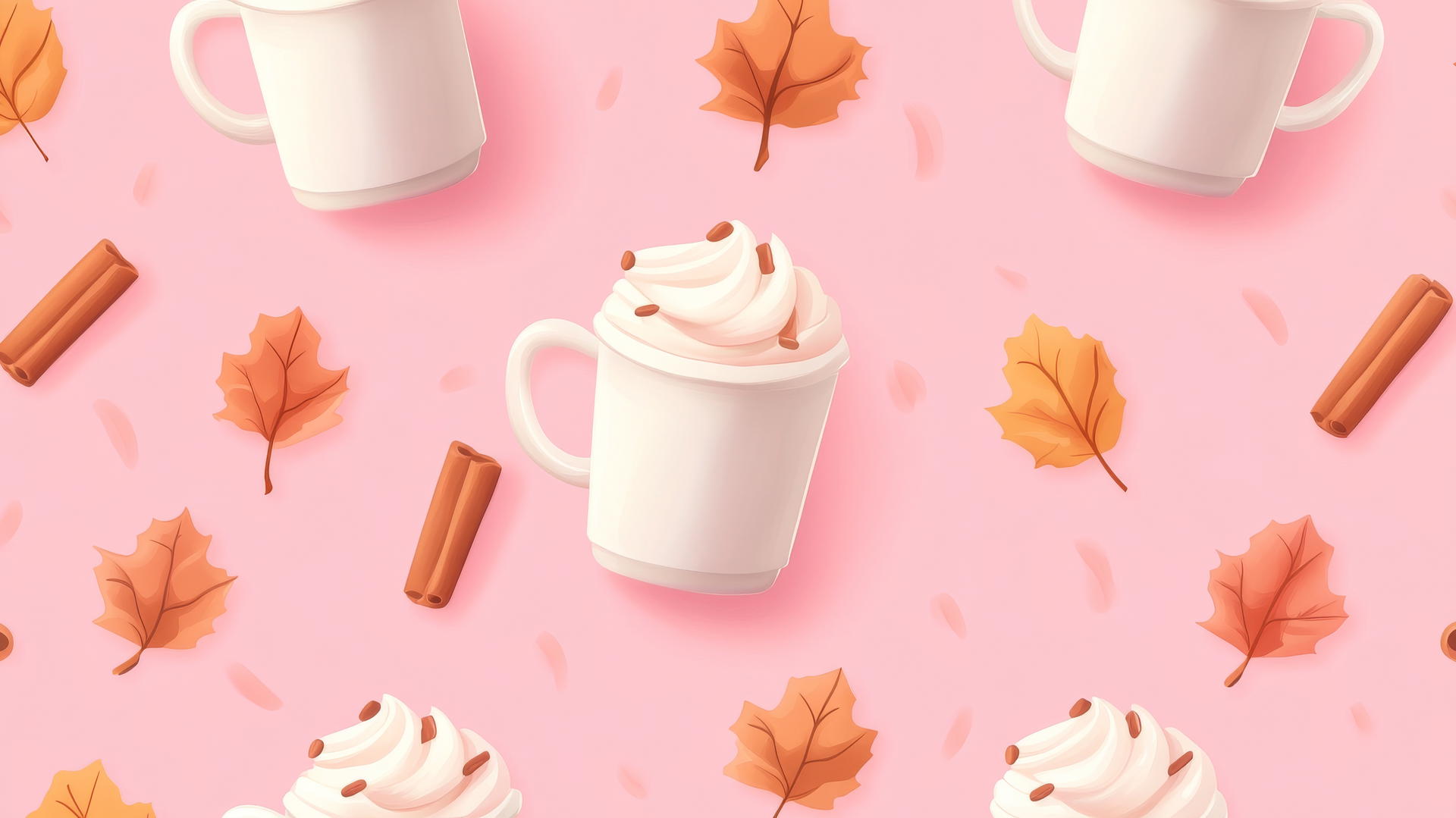 Autumn-themed pattern with lattes, cinnamon, and leaves