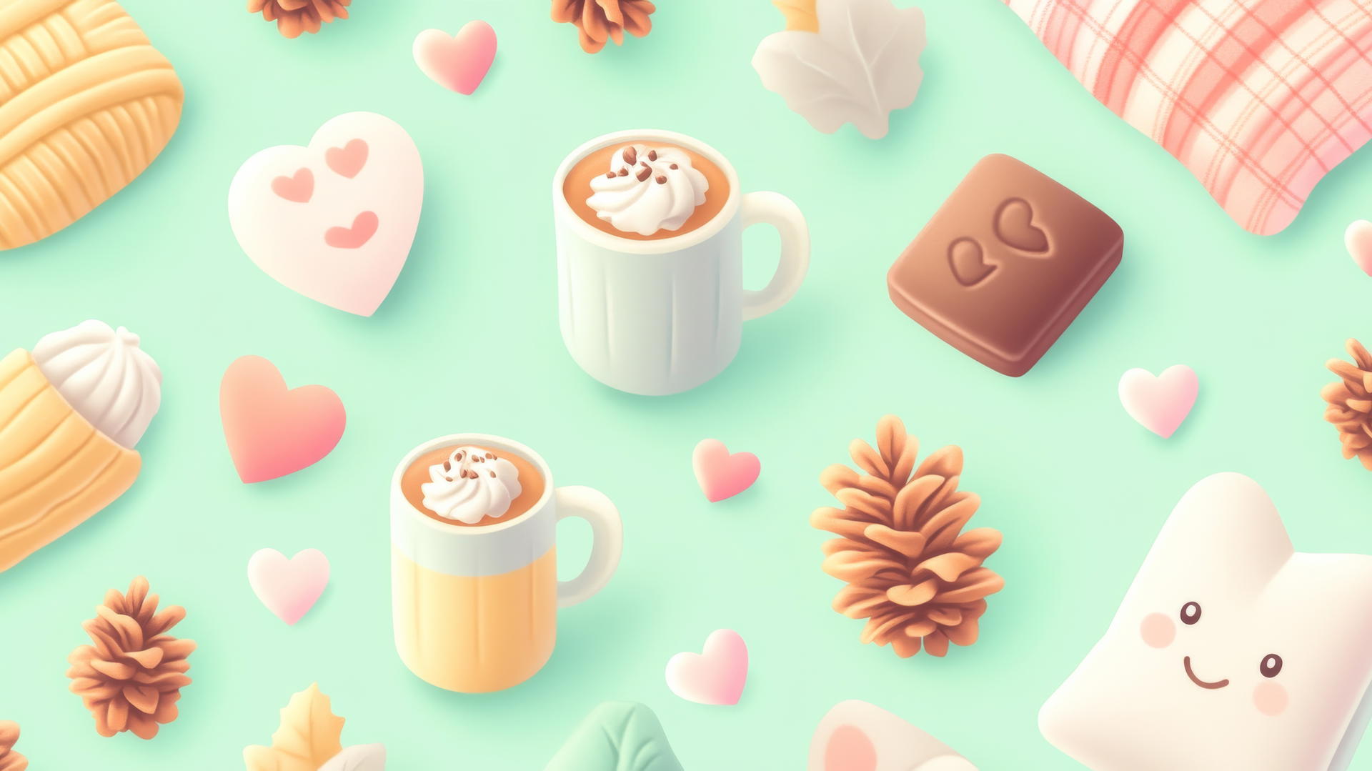 Fall icons with hearts on pastel green