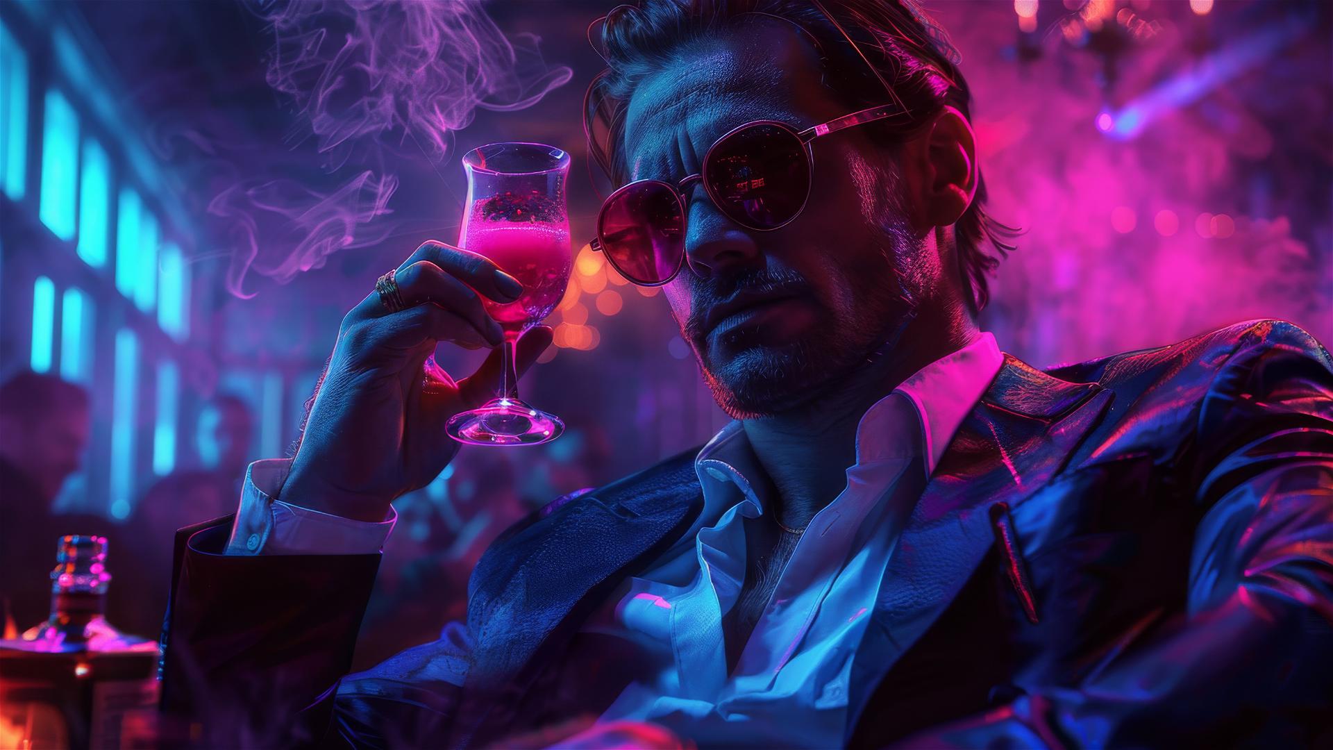 Modern mafia boss enjoying a luxurious party, dark aesthetic.