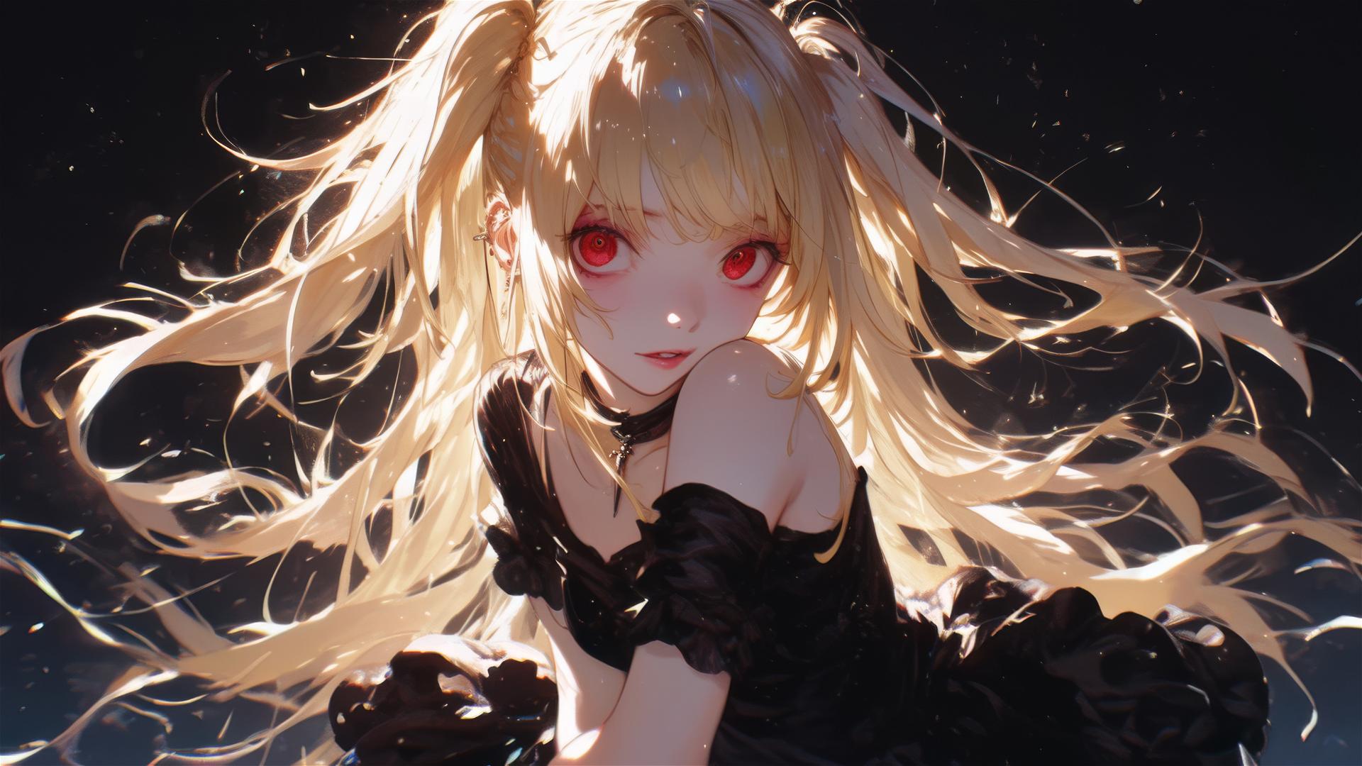 Misa Amane from Death Note in dynamic pose with red eyes on dark background