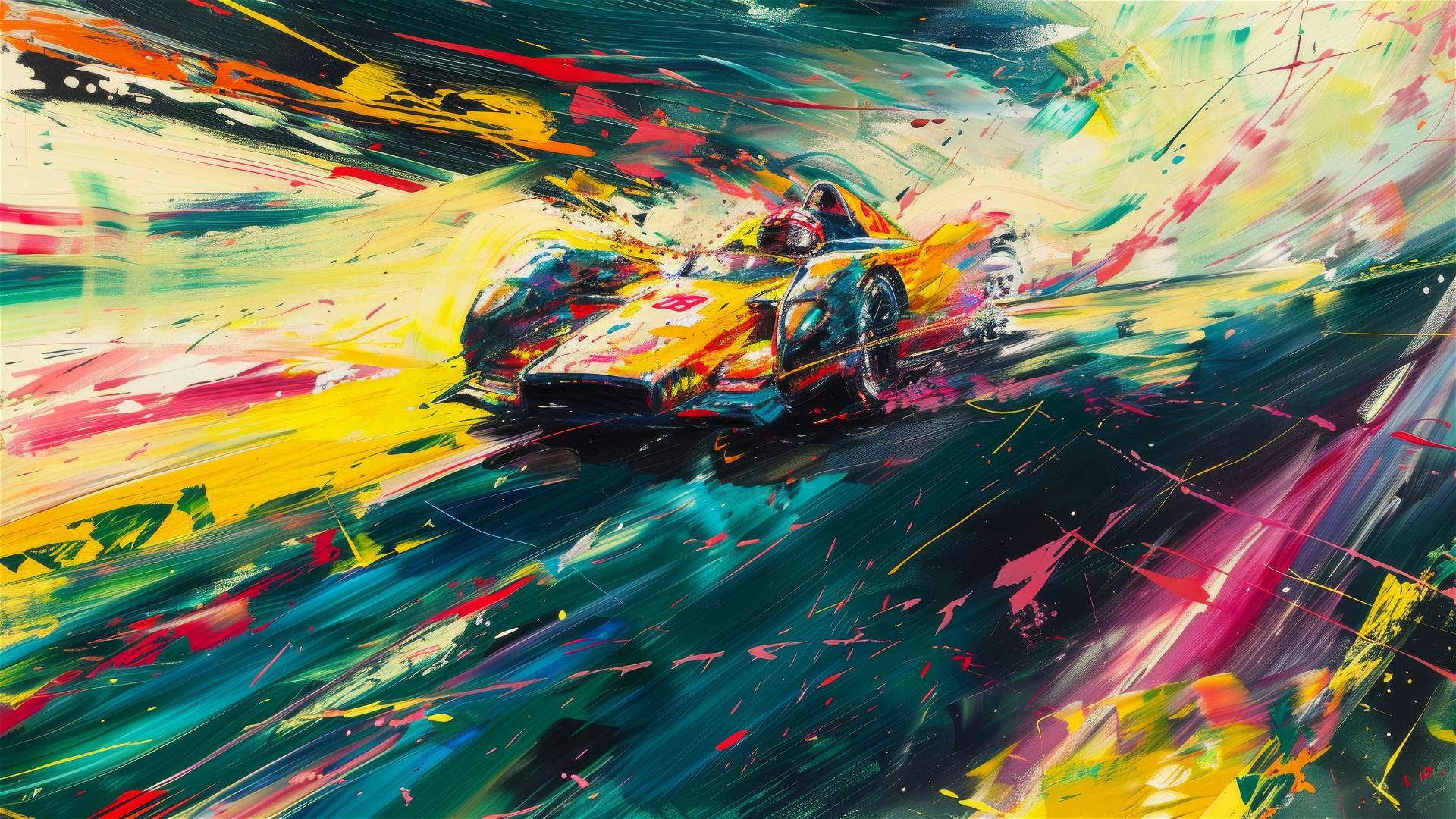 Colorful car driving on a track with bold impasto style