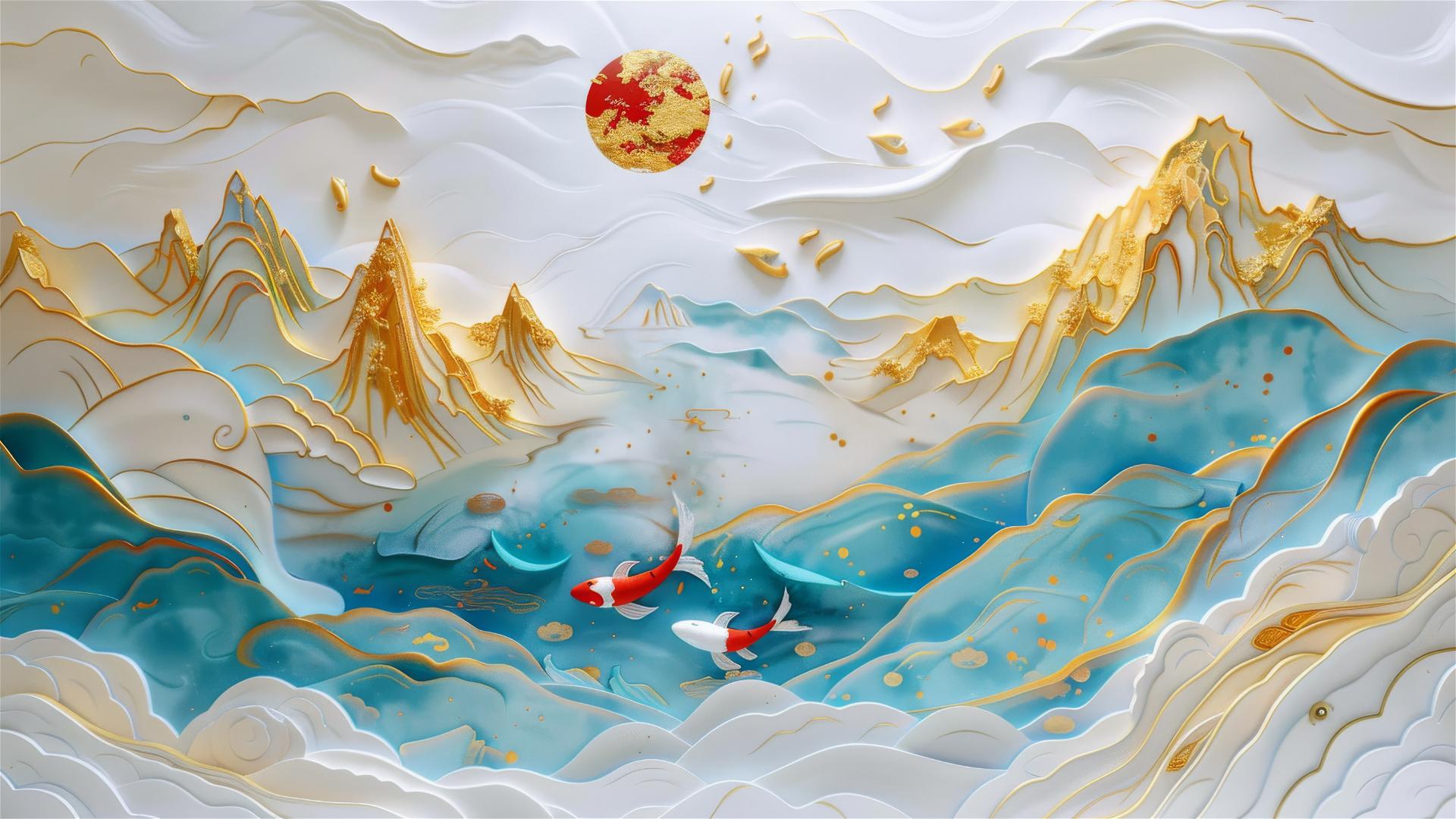 3D Asian painting of koi fish in a golden mountain pond