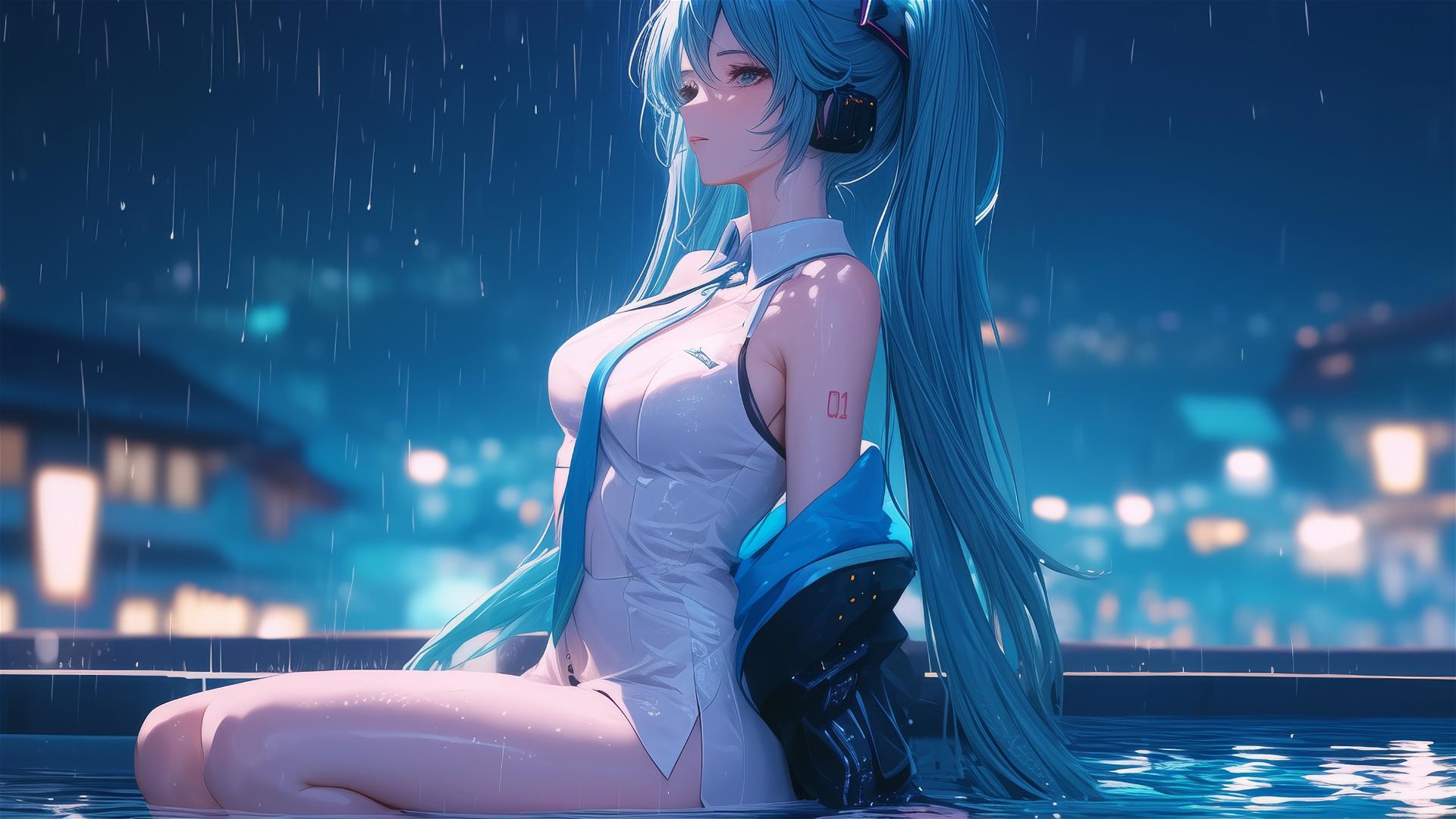 Hatsune Miku resting at rainy pool with moonlight glow