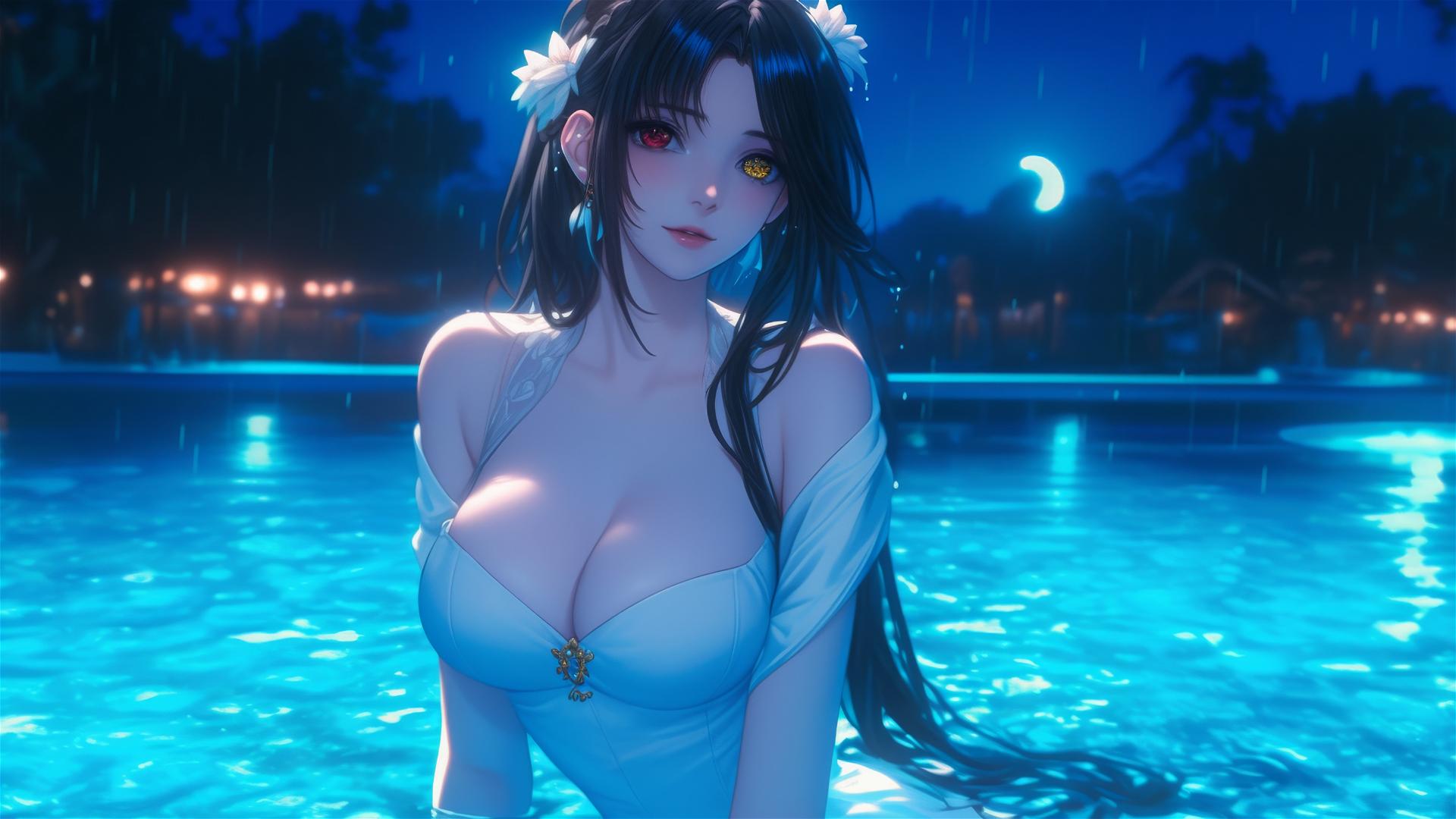 Kurumi Tokisaki standing in rainy swimming pool, moonlight glow, pure white dress.